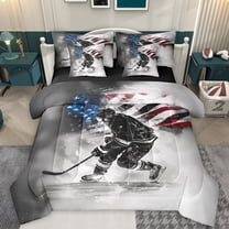 Manfei Ice Hockey Sports Twin Bedding Sets 7-Piece, Grey American Flag Bedding Comforter Set, Teens Kids Girls Boys Reversible Sheet Sets, Luxury Bedroom Decor