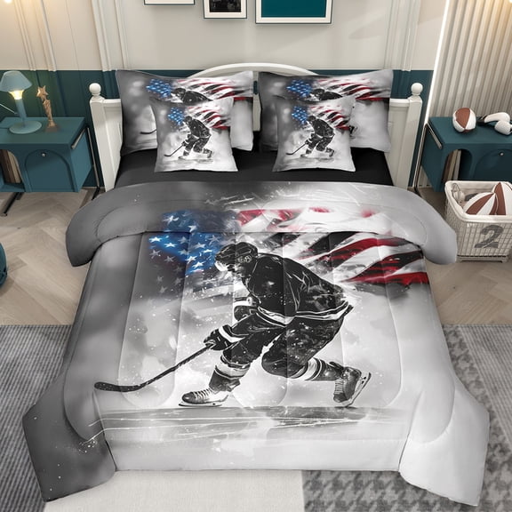 Manfei Ice Hockey Sports Twin Bedding Sets 7-Piece, Grey American Flag Bedding Comforter Set, Teens Kids Girls Boys Reversible Sheet Sets, Luxury Bedroom Decor