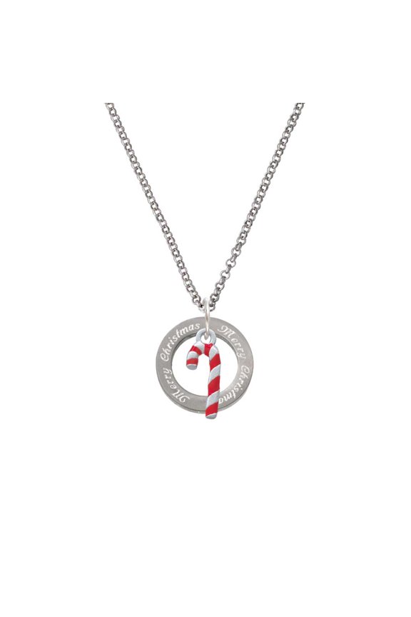 Silvertone 3-D Red Enamel Candy Cane Merry Christmas Affirmation Ring Necklace