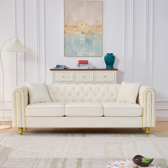 FFZ 86 inch 3-Seater Velvet Loveseat Sofa with Button Tufting, Rolled Arms and Gold Legs, Beige