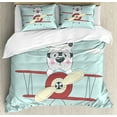 thumbnail image 1 of Kids Boys Queen Size Duvet Cover Set, Hand Drawn Pilot Bear Flying a Plane in Open Sky Funny Childish Cartoon, Decorative 3 Piece Bedding Set with 2 Pillow Shams, Cream Pale Blue Ruby, by Ambesonne, 1 of 3