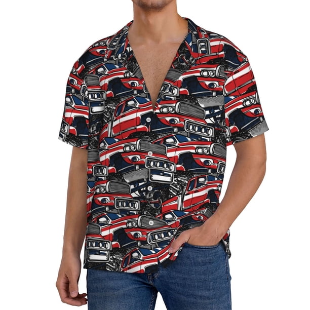 Balery Red And Blue Cars Camisa Casual de Manga Corta con Botones para Hombre, Texturizada, Estilo Cubano, para Playa, Verano-X-Large