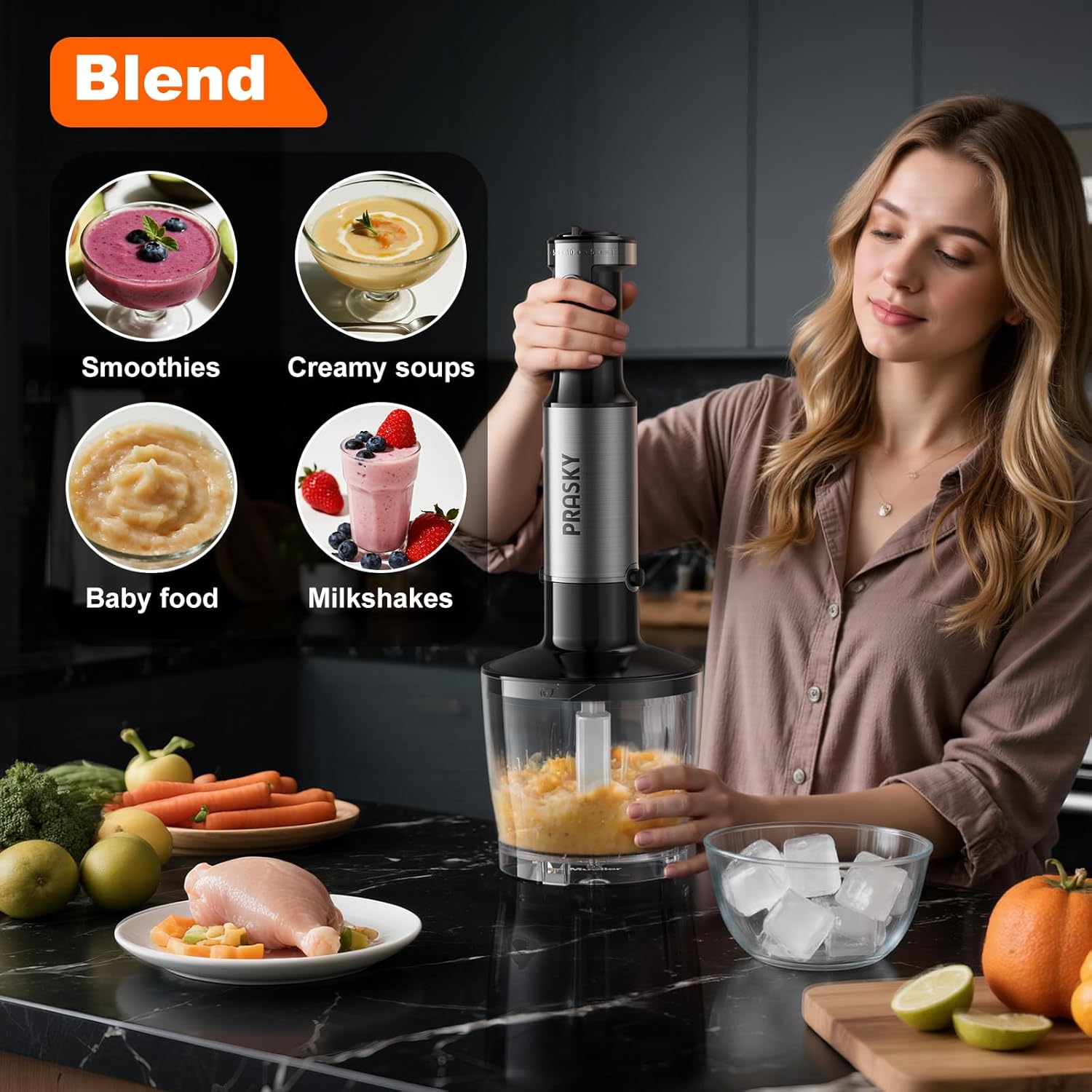 Immersion Blender Handheld with 20 Speed &  Mode, 500W Copper Motor Stainless Steel Blades for Soups Smoothies