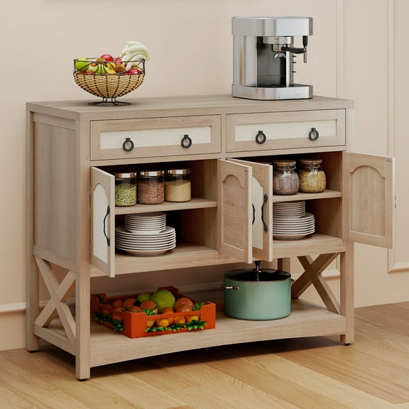 Uforic Buffet Storage Cabinet with Drawers & Doors, 47.2" Kitchen Cabinet with Adjustable Shelves, Oak