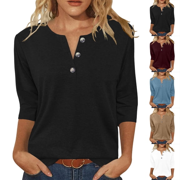 Womens Tops 3/4 Length Sleeve V Neck Loose Casual T Shirts Summer Cloithes 2026, Light Blue 3XL
