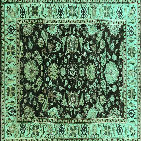Ahgly Company Machine Washable Indoor Square Oriental Turquoise Blue Industrial Area Rugs, 8' Square