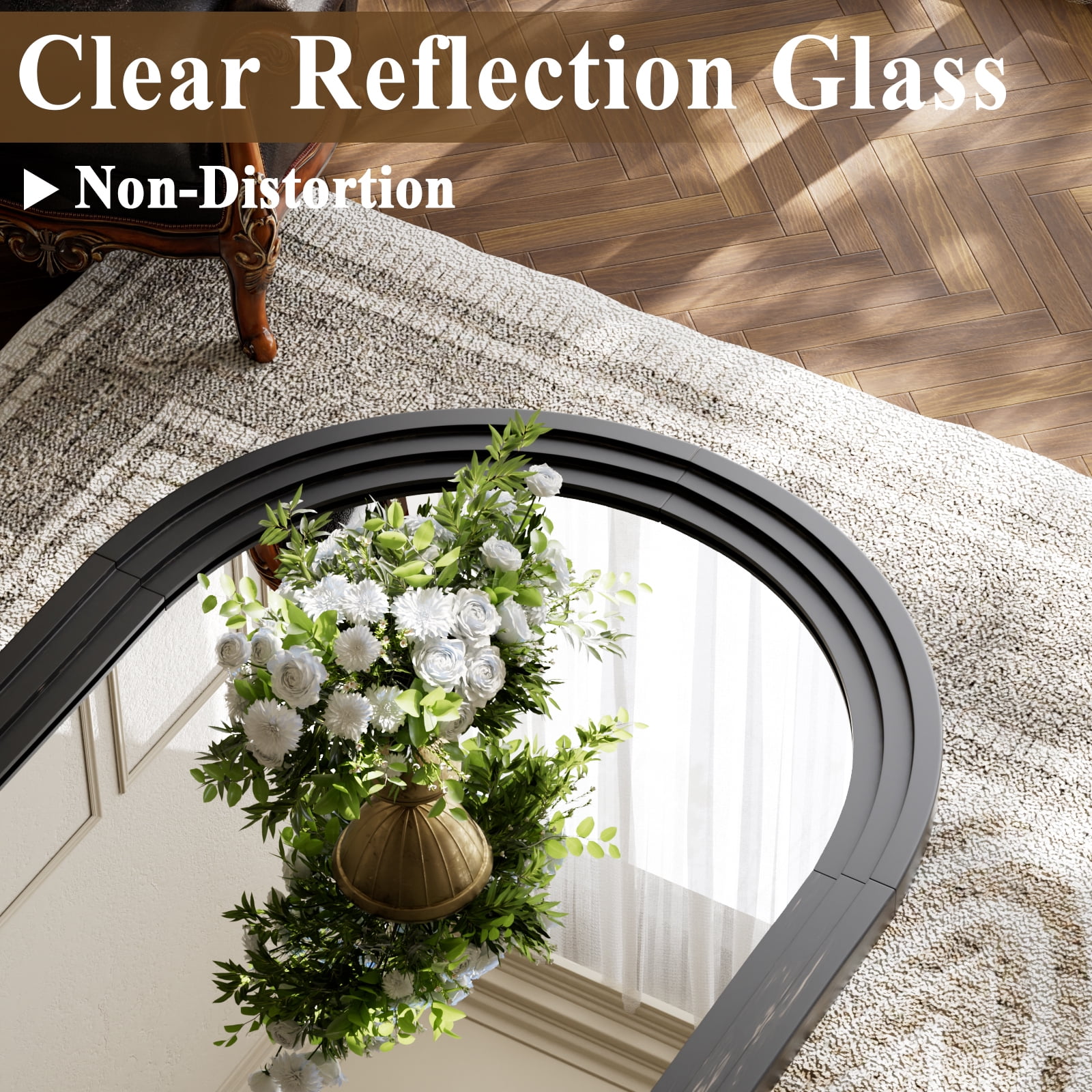 Easy4Home 36"x24" Arched Bathroom Mirror with Wooden Frame Decorative Wall Mounted Mirror, Black