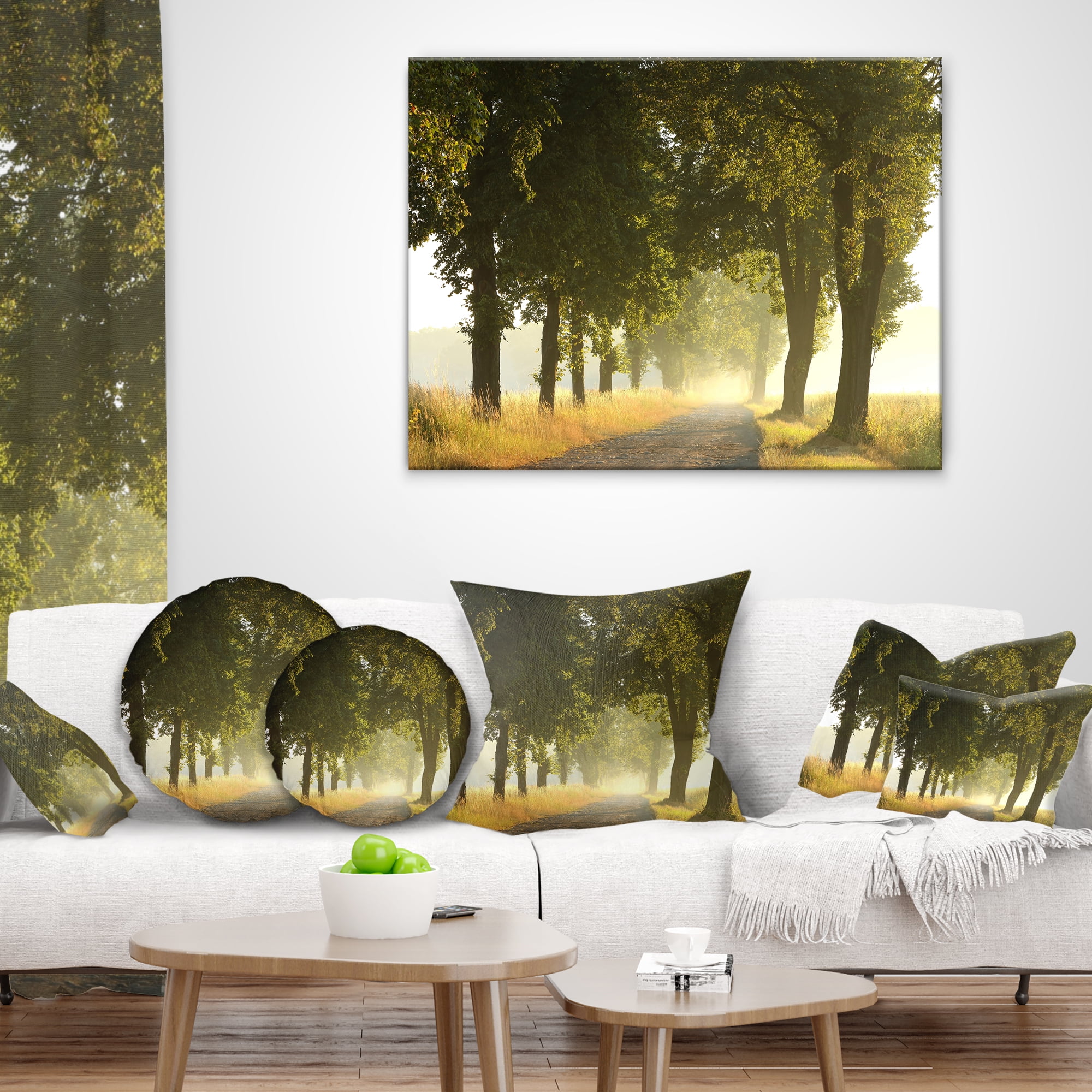 Designart Country Road Below Green Trees - Landscape Photo Throw Pillow - 16x16