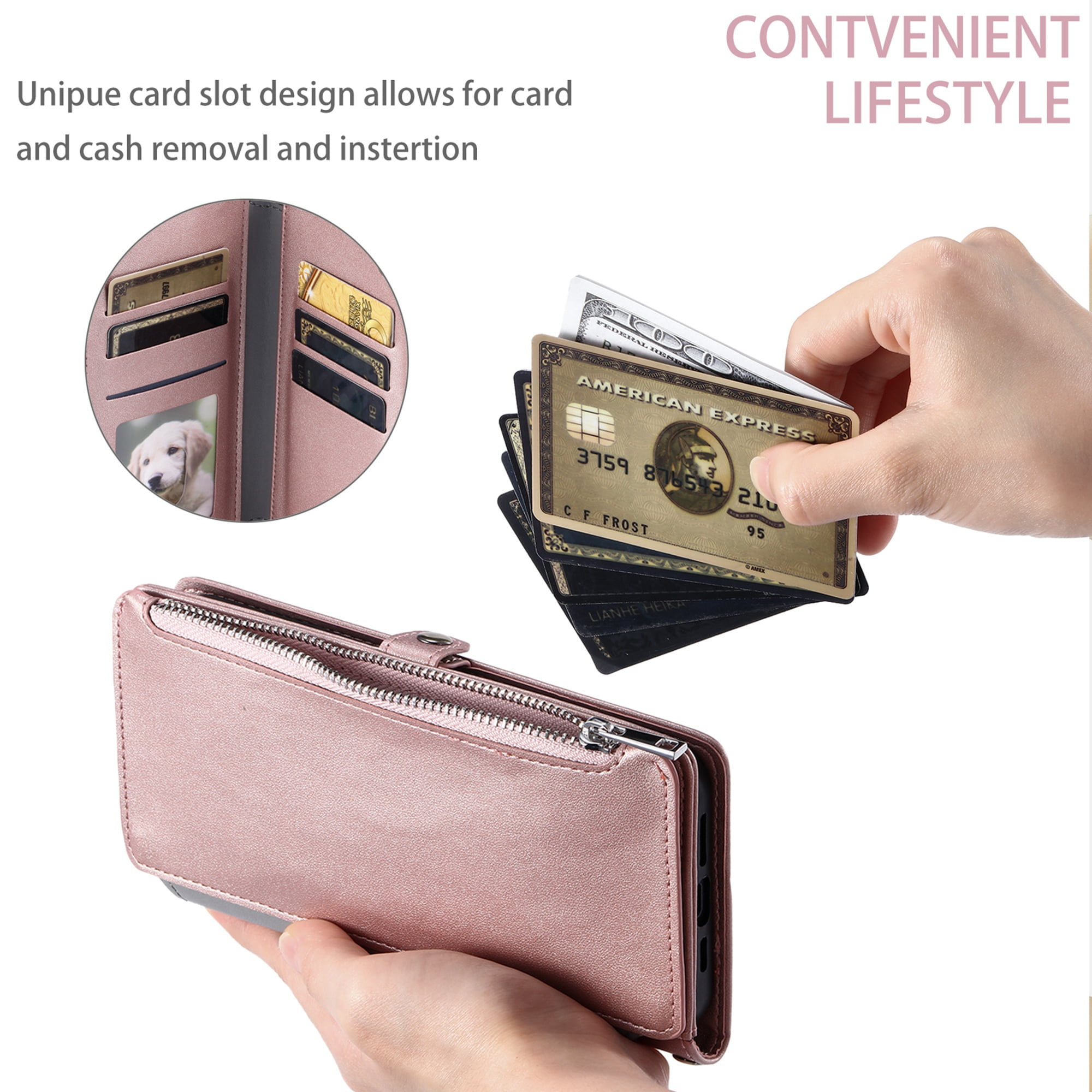 Dteck for Samsung Galaxy A14 5G Wallet Case, Crossbody Zipper Purse with Wrist for Women Men, 8-Card Slots Holder PU Leather Kickstand Flip Cover Phone Case,Rosegold