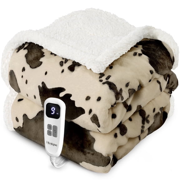Blunique Electric Throw Blanket, Cozy Flannel & Sherpa Heated Blanket, 10 Heat Levels, 4 Time Settings, 10H Auto-off, Cow Print Brown 50"x60"