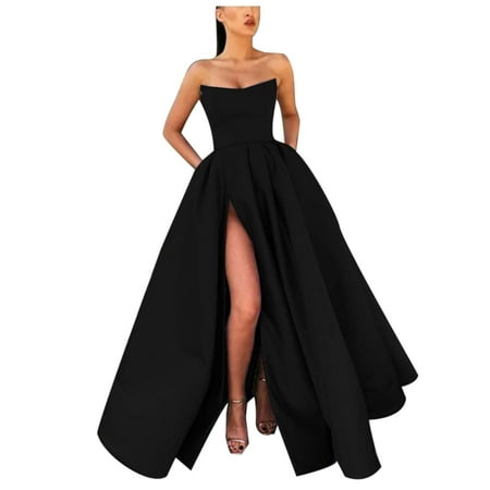 Bmisegm Women sSolid Color Strapless Slit Long Zippered Chest Pad Evening Dress Dress Formal Dresses for Women Black L