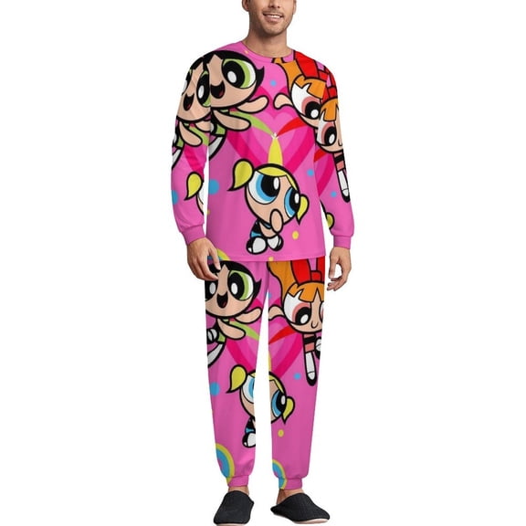 The Powerpuff Gi-rls Men's Lounge Pajamas Set 2-Piece Crew Neck Sleepwear Soft Long Sleeve Top & Pants for Sleep, Home & Vacation S