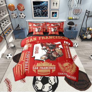 Erosebridal Classic Rugby Sports Bedding Twin Size,American Football Team Comforter Sets with Sheets,Ball Game City San Francisco, Microfiber Bedroom Decorative Reversible,7pcs