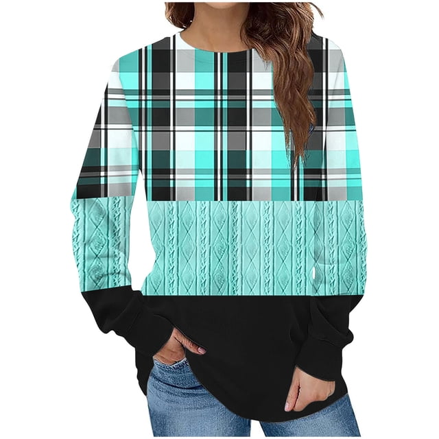 KIHOUT Chandails en Molleton de Mode pour Femmes, Manches Longues Décontractées à Carreaux Patchwork Col Rond Ample Blouse Chandail Tops, Taille P-2TG