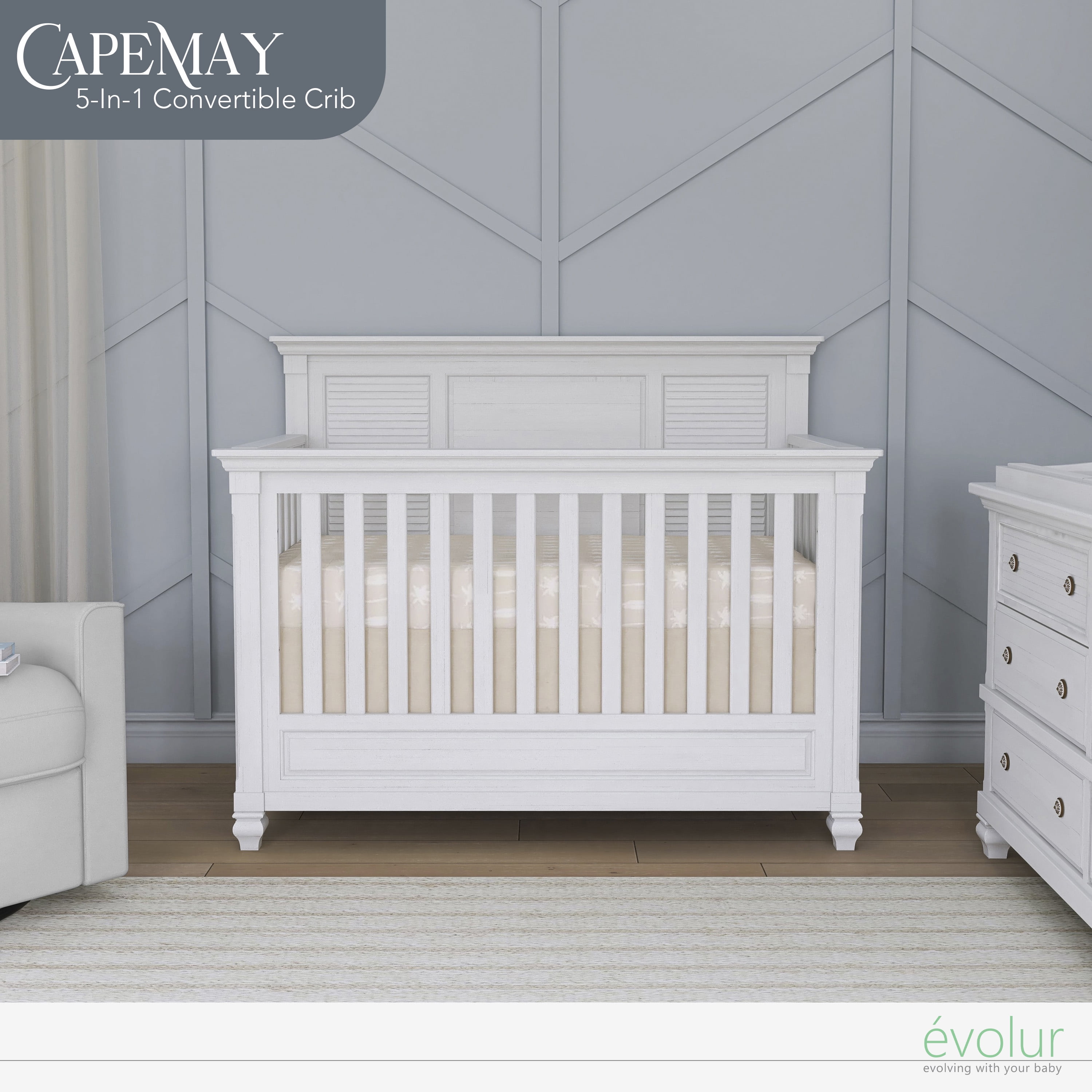 Evolur Signature Cape May 5-in-1 Full Panel Convertible Crib, White