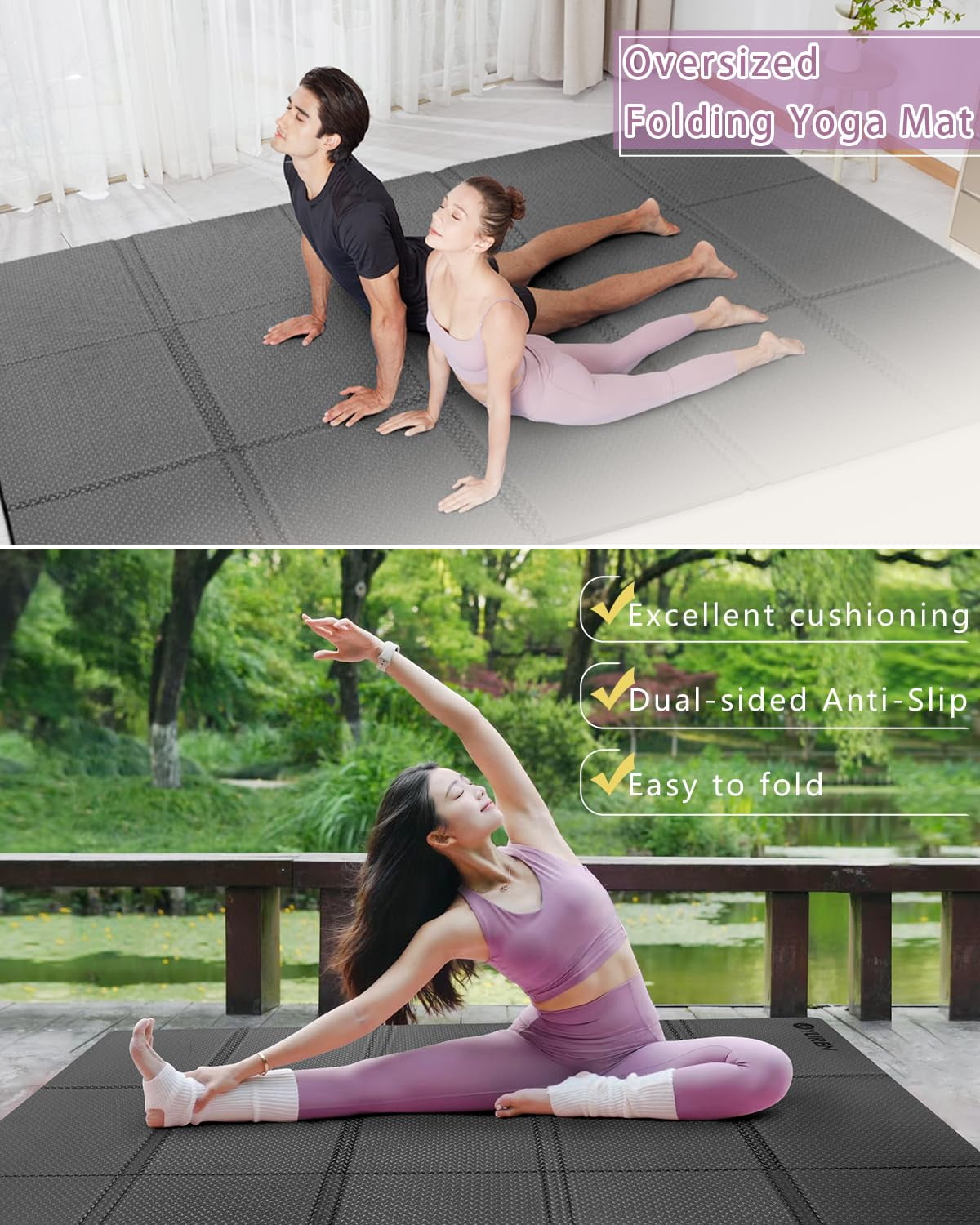 YR Foldable Yoga Mat, Large Thick Folding Exercise Mats for Travel Home Gym Fitness, TPE 10mm Black