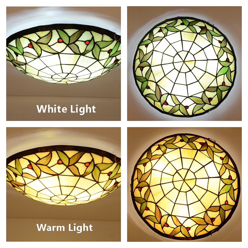 Litfad Vintage Tiffany 3 Light Flush Mount Ceiling Lighting 16" Stained Glass Shade Ceiling Lamp Fixture in Green