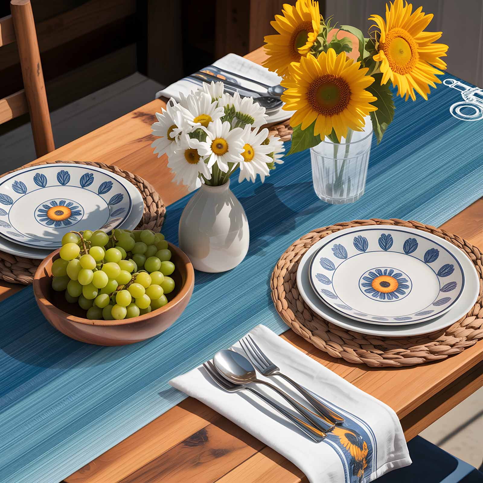 Ocean Nautical Anchor Table Runner 90 Inches Long, Gradient Blue Stripes Table Runners Tabletop Scarf Kitchen Dining Tables Decoration for Home Party Indoor Outdoor
