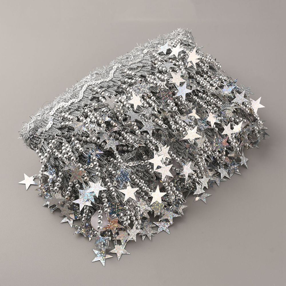 1card Sparkle Polyester Tassel Lace Trims Paillette Fringe Lace Trimming with Iron Beads Star Silver 1-1/2 inch(37.5mm)