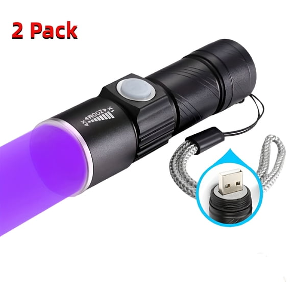 GJX 2 Pack UV Flashlight,Mini Zoomable Detector Light USB Charging for Dog Cat Pet Urine Stain,Black