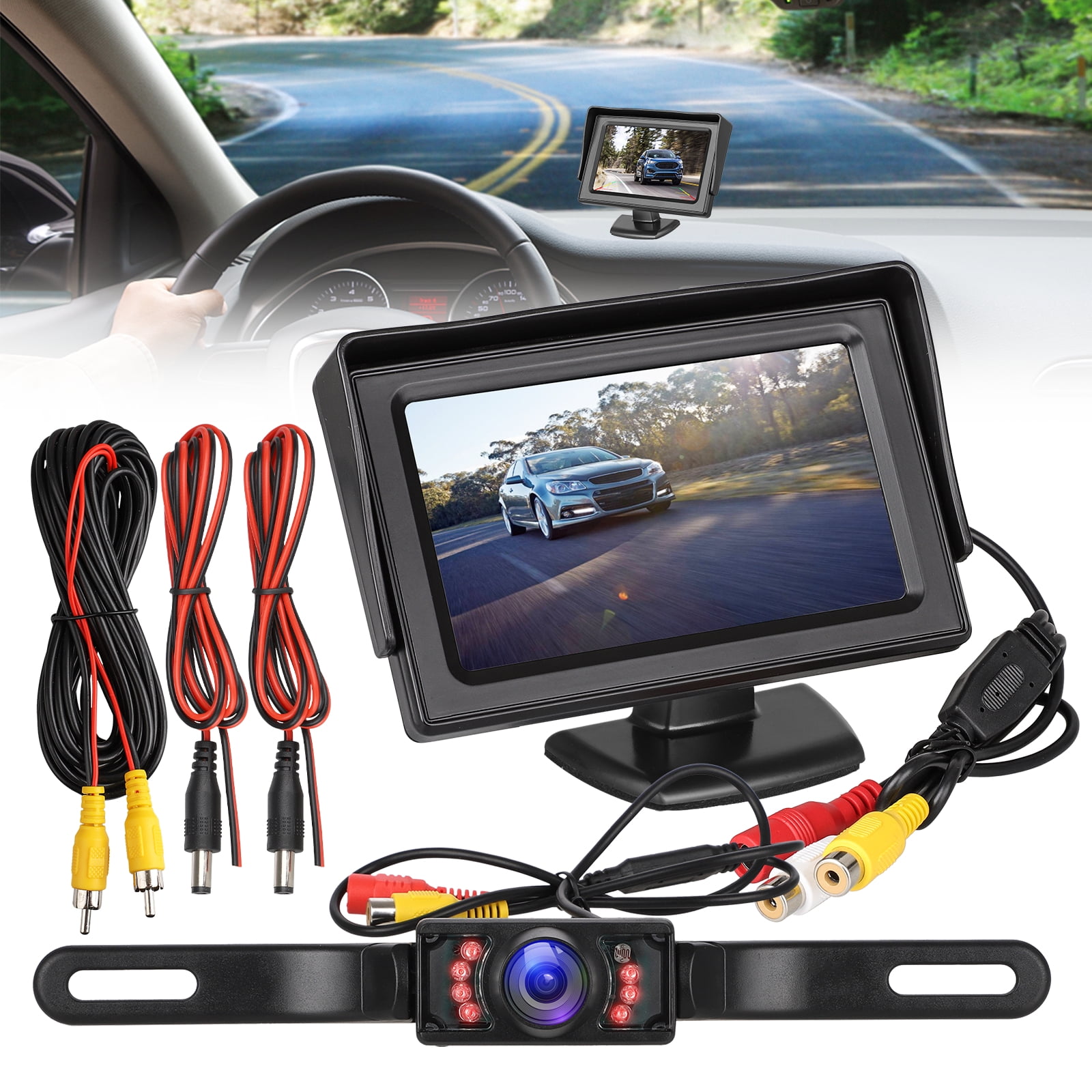 Podofo Backup Camera for Car 4 Pins Connector Design 8 LED Reversing Camera with 4.3 TFT LCD Rear View Mirror Monitor Parking System 5558990432 