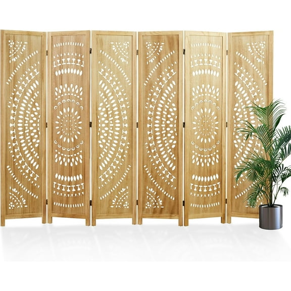 Room Divider Wood Carved Wall Divider Indoor Folding Bohemian Style Portable Partition Screen for Home Office Garden Terrace - 6 Panels (Natural)