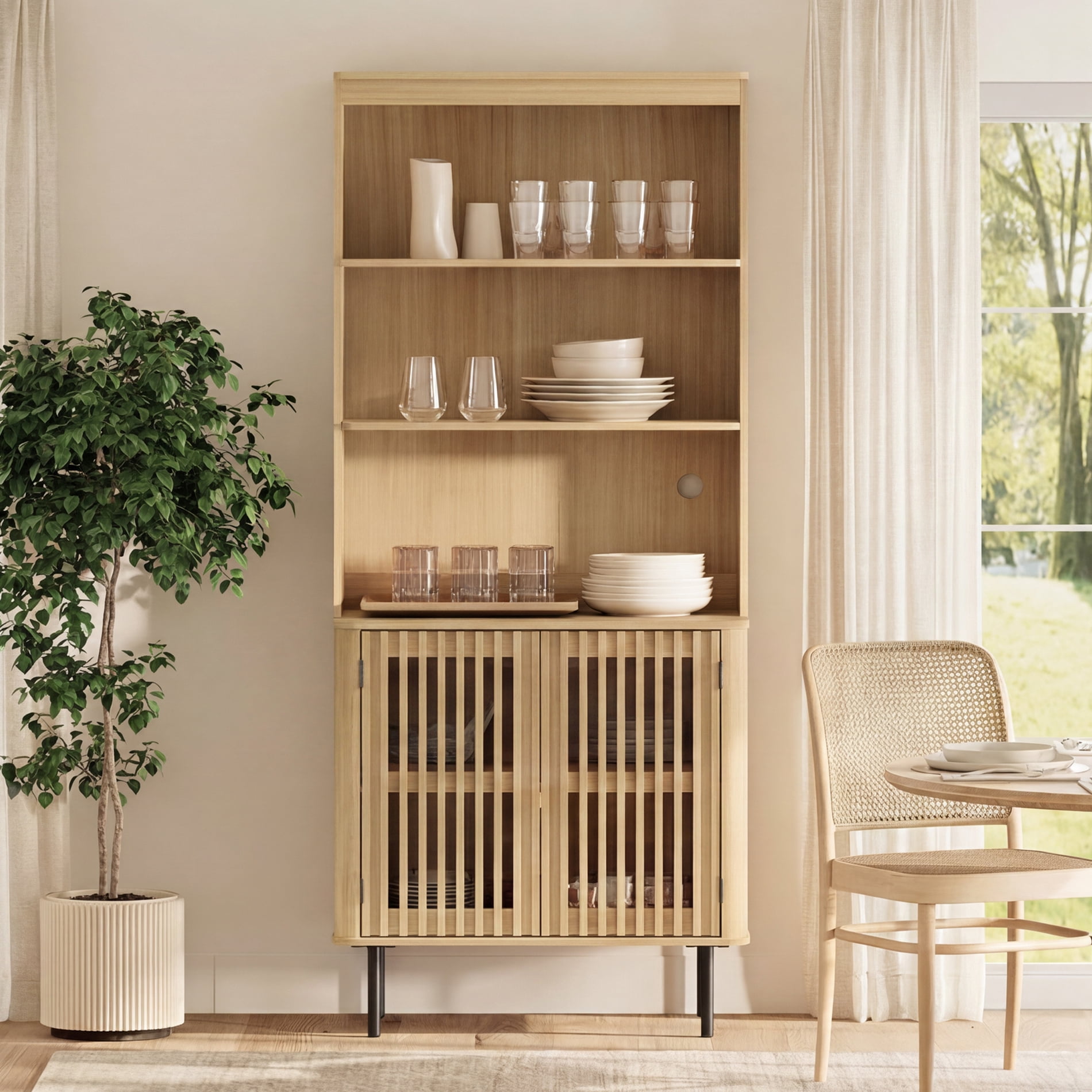 3-in-1 Kitchen Pantry Cabinet 72.8" Tall, Fluted Doors, Adjustable Shelves, Cable Mgmt, Metal Legs, Coffee Bar Storage for Dining Room, Oak