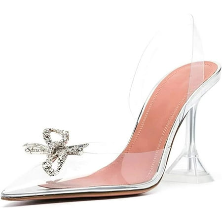 

THE SHY Women s Clear High Heel Sandals Transparent PVC Stilettos Pointed Toe Crystal Dress Pumps