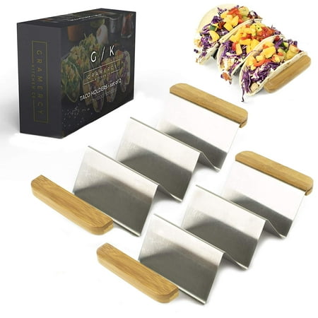 Blue Bamboo Handled Serving Plate - Gourmet Taco Holder - Set of 2 with Bamboo Handles | Large Stainless Steel Taco Holders Serving Tray Stand Plate with Dividers