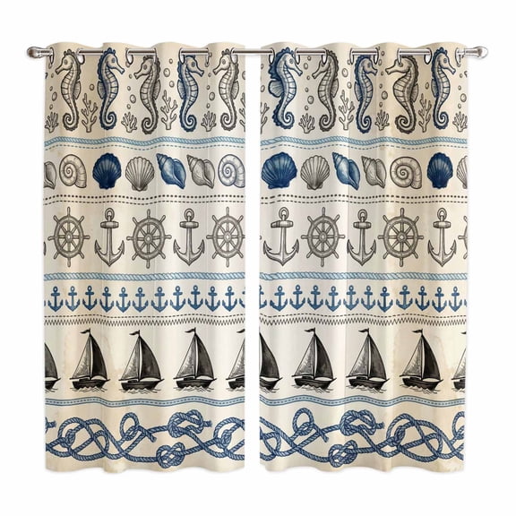 Vintage Coastal Kitchen Curtains Window Panels, Beach Nautical Seahorse Shell Anchor Insulated Window Treatment Curtain, Grommet Curtains for Bedroom/Living Room/Bathroom, 2 Piece 42"Wx63"L