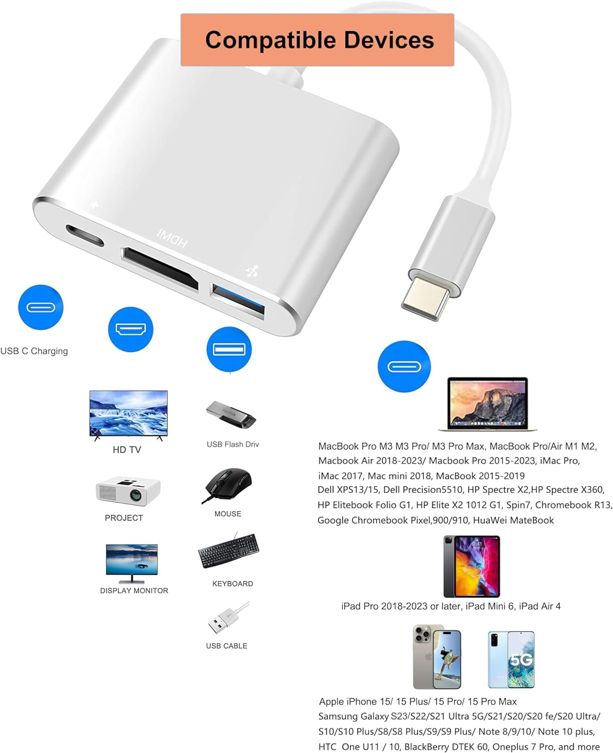 REQO USB-C Digital AV Multiport Adapter, Digital AV Dongle with HDMI 4K@60Hz & USB-A 3.0 & 100W Charge for iPhone 15, MacBook Pro Air M1 M2 M3, iPad Pro, iMac, Samsung S24 and More