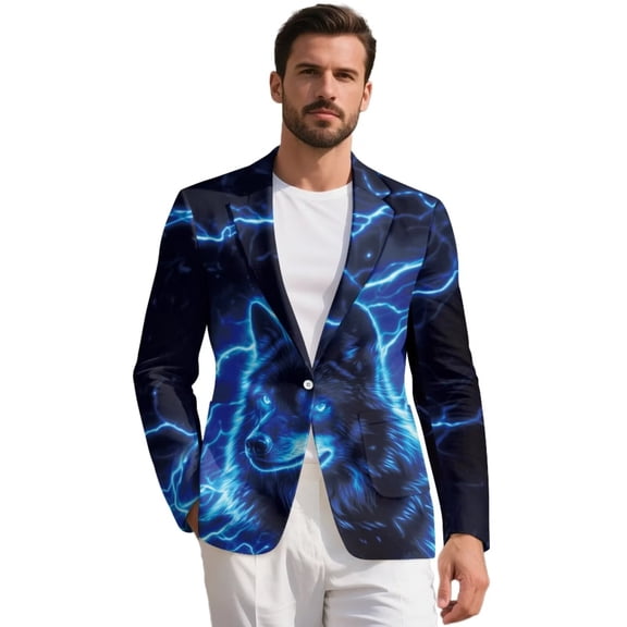 POLERO One Button Suit Jacket for Men Wolf Lightning Print Breathable Sport Coat with 2 Side Pockets Regular Fit Blazer ,S