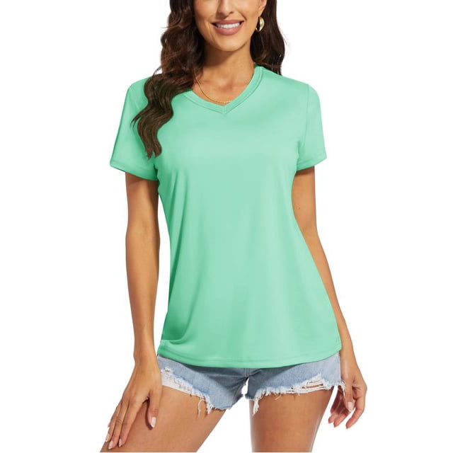 OUSITAID UPF 50+ T-shirts d'Été à Manches Courtes Col en V T-shirts de Protection Solaire pour Femmes Séchage Rapide Randonnée Course Hauts