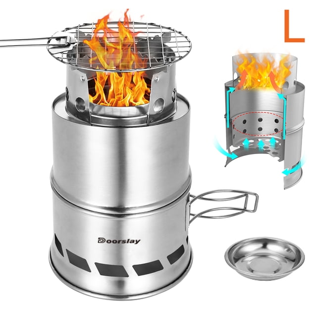 Améliorer Réchaud de Camping et Réchaud de Randonnée avec Plaque de Cendres de Bois et Poignée Pliable, Réchaud à Bois Pliant Portable Coupe-Vent Compact en Acier Inoxydable pour Alcool, Camping en Plein Air Randonnée Pique-Nique BBQ