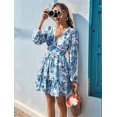 thumbnail image 5 of Autumn Women'S Dress V-Neck Long Sleeve Elastic Waist Bohemian Beach Resort Wear Floral Mini Summer Dress Blue L, 5 of 9