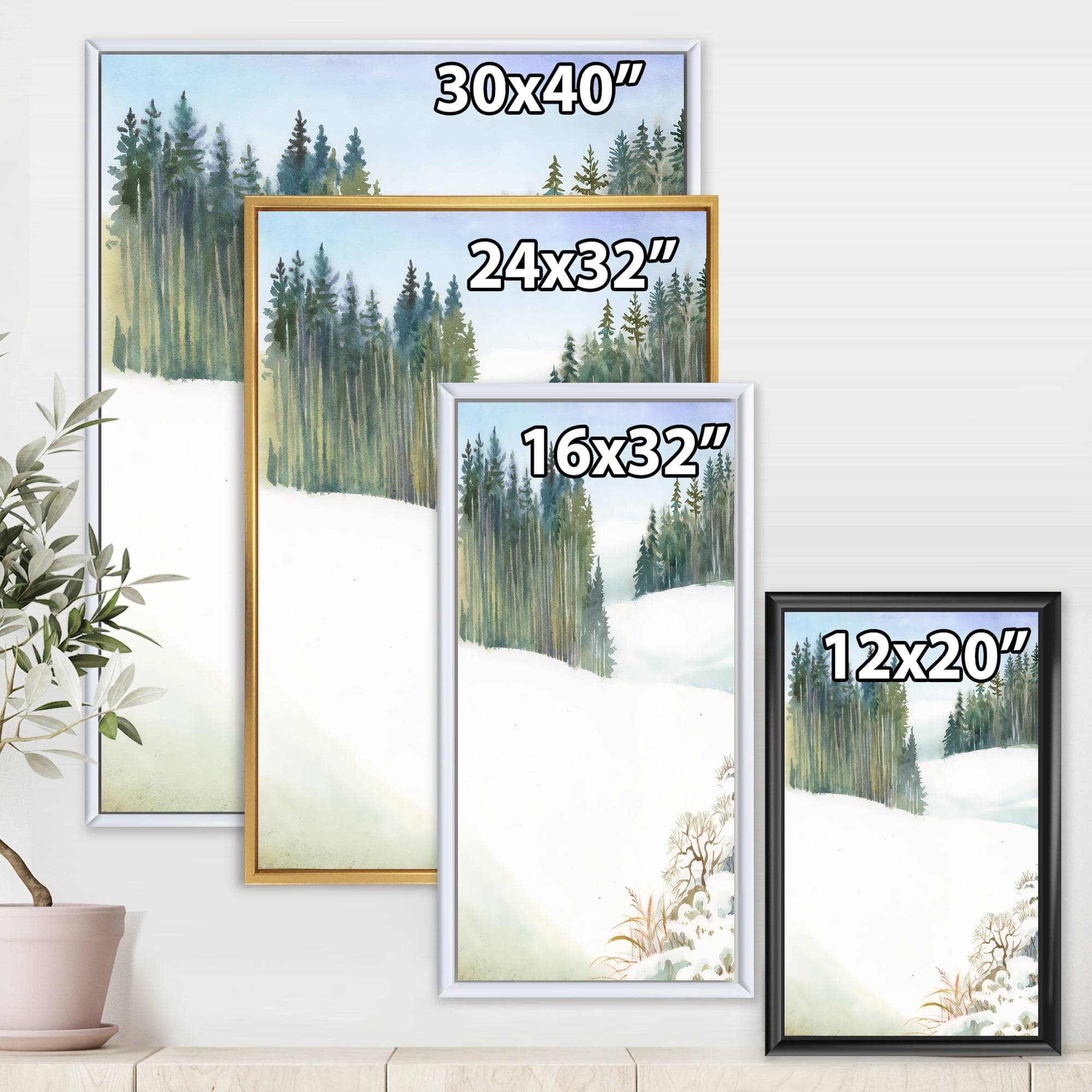 Designart 'Pine Forest In Snowy Winter Mountains' Traditional Framed Canvas Wall Art Print