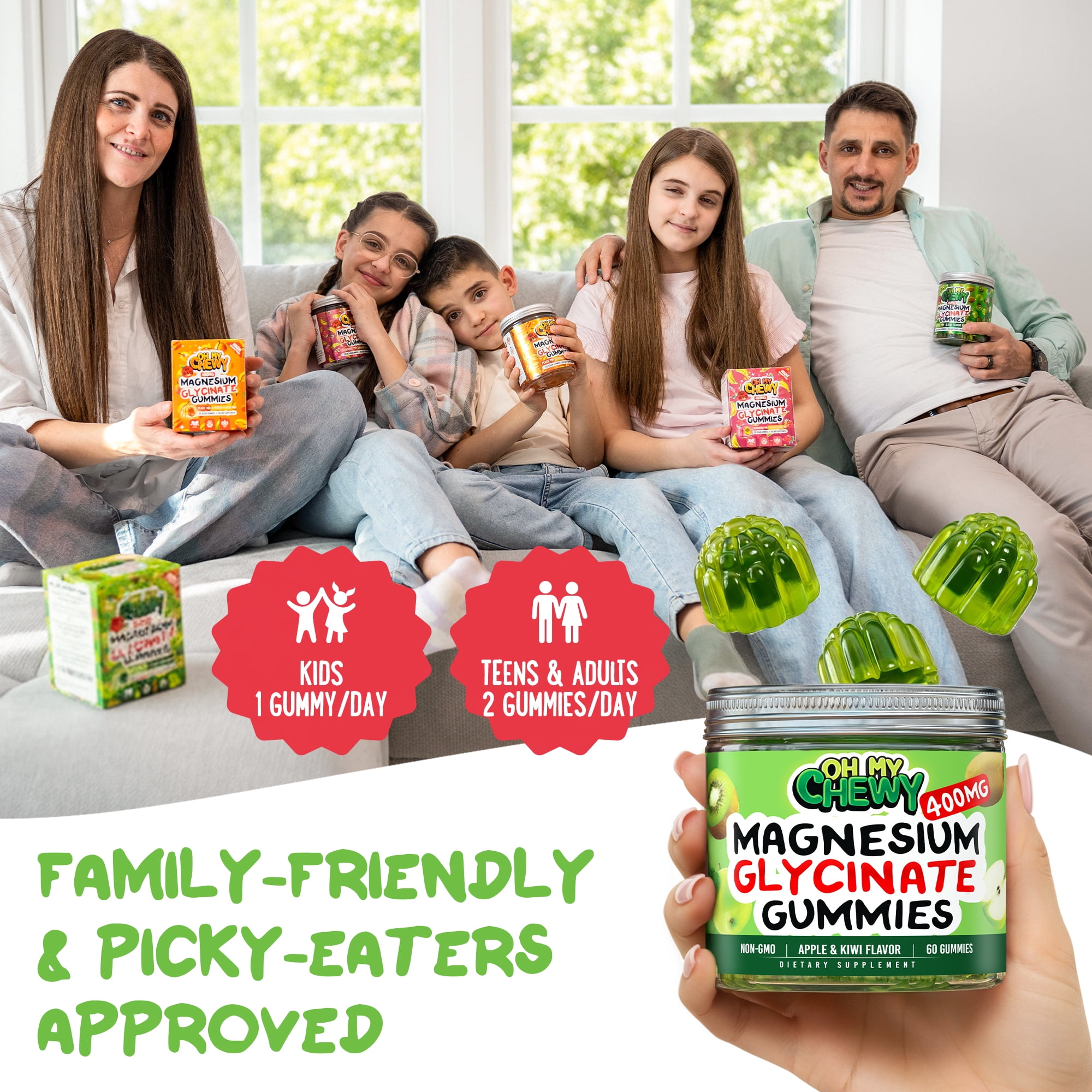 Center-Filled Magnesium Glycinate Gummies 400MG - High Absorption for Kids, Teens & Adults - Supplement for Sleep, Calm & Muscle Relaxation with B6 & D3 - Gluten Free & Vegan Friendly - 60 Count