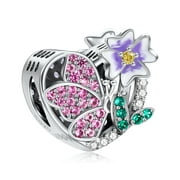 NINGAN February-Violet &Butterfly Birth Charm for Pandora Bracelets 925 Sterling Silver Pendant Bead with Cubic Zirconia Birthday Jewelry Gifts for Women Wife Mom Girls Her
