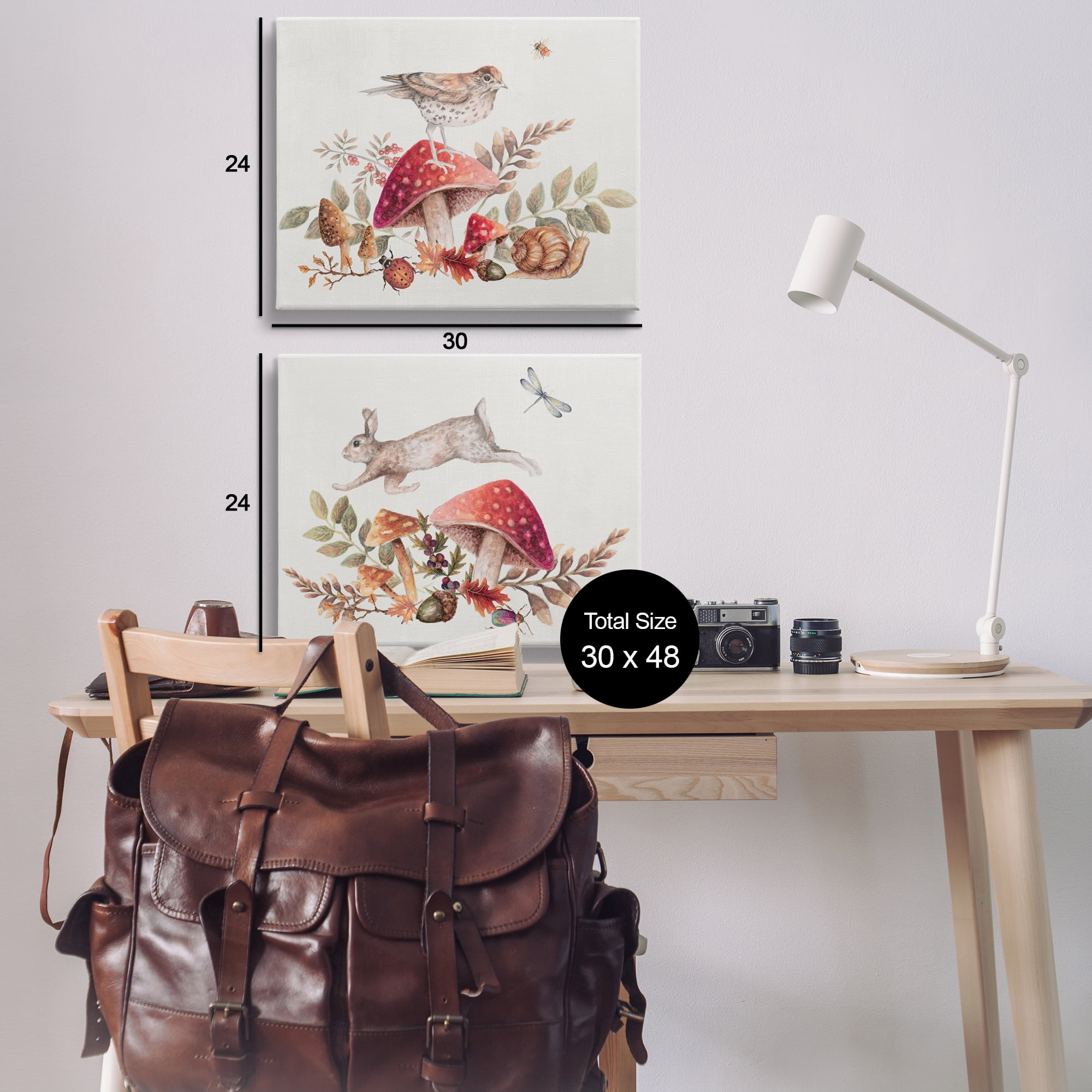 Stupell Industries Woodland Bird Rabbit Mushrooms Plants & Flowers Painting Wrapped Canvas Art Print Wall Art, 30 x 24, Set of 2