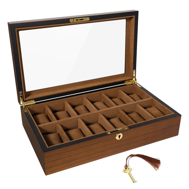 Uten Caja Para Relojes Con 12 Ranuras, Organizador De Cajas Para Relojes Con Cerradura Dorada Y Llave, Caja De Almacenamiento Para Exhibición De Relojes De Madera Con Cojines Extraíbles Para Relojes,