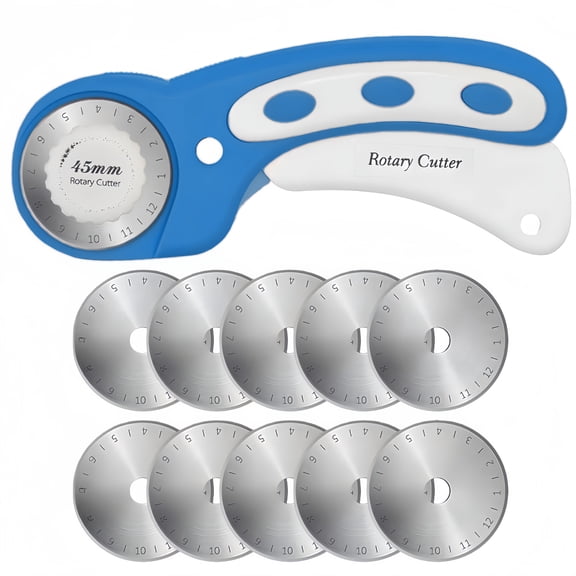 45mm Rotary Cutter with 10 Extra Blades, Safety Lock,Ergonomic Design for Easy Cutting of Fabric, Leather, and Craft Materials,Blue
