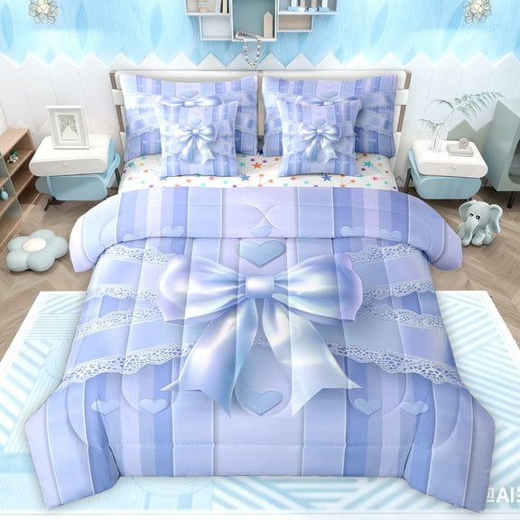 Manfei Teens Female Kawaii Bow Knot Twin Bedding Sets 7-Piece,Dreamy Princess Bedding Comforter Set Microfiber,Love Heart Print Stripes Breathable Sheet Sets,Lightweight Room Decor,Reversible