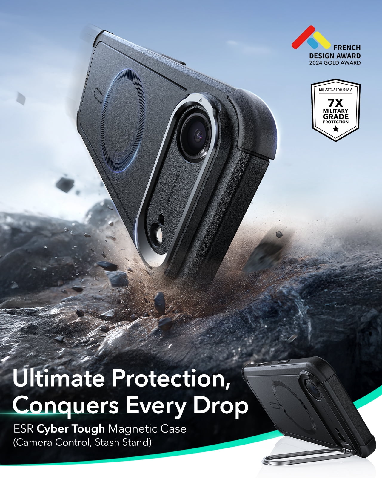 ESR Case with Stash Stand Compatible with iPhone Air, 7X Military-Grade Drop Protection & Camera Control, MagSafe Compatible Shock-Absorbing, Black