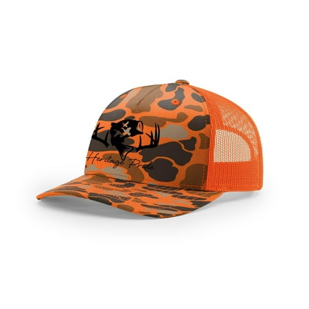 Heritage Pride Deer Hunting Fishing Duck Hunt Mens Embroidered Mesh Back Trucker Hat Blaze Duck Camo/Blaze