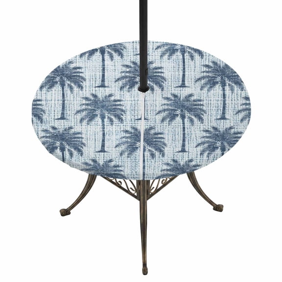 Round Outdoor Tablecloth with Umbrella Hole and Zipper, Tropical Palm Trees Tablecloth with Elastic Waterproof, Summer Coastal Navy Blue Vintage Patio Table Covers for 36" - 44" Picnic Pool Tables