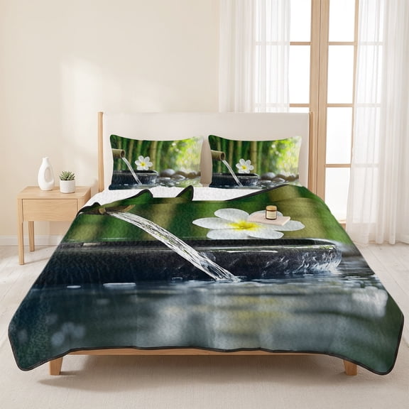 3 Pieces Queen Quilt Set,Zen Meditation Plumeria Flower Soft Bedding Sets with 1 Quilt & 2 Pillow Shams,Flowing Water Forest Summer Bedspread Lightweight Coverlet Comforter for All Season