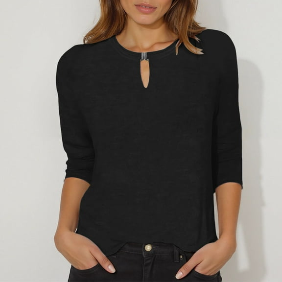 Conairie Womens 3/4 Sleeve T Shirts Casual Loose Crew Neck Tunic Tops Solid Fashion Elegant Lightweight Work Tee Pullover Outfits Black L