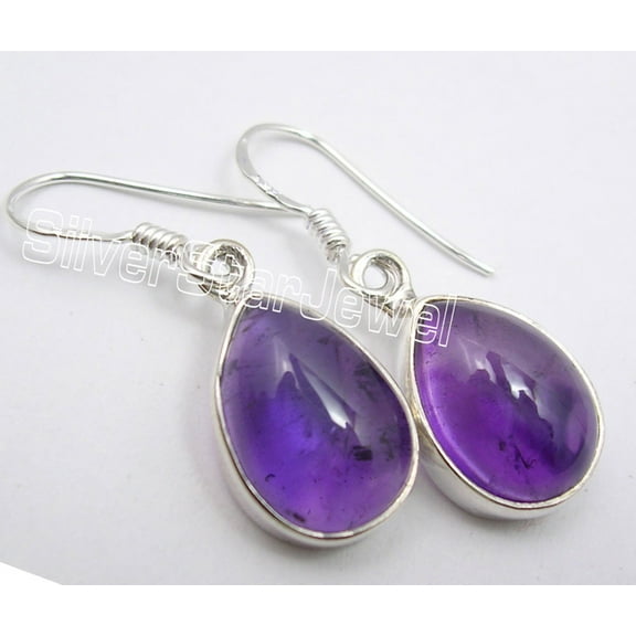 SilverStarJewel 925 Sterling Silver Drop Cabochon Amethyst Jewel Latest Style Earrings 1.3"