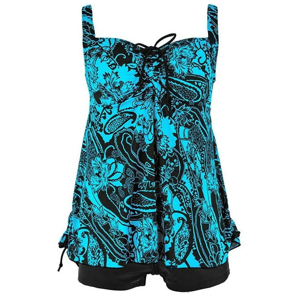 Angelique Women's Plus Size Floral and Paisley Print Tie Back Fashion Swimsuit Tankini Set- Teal 16