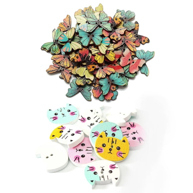 150Pcs 2 Holes Wooden Button Sewing Scrapbooking DIY Craft, 50Pcs Mixed Butterfly & 100Pcs Colorful Animal Cat